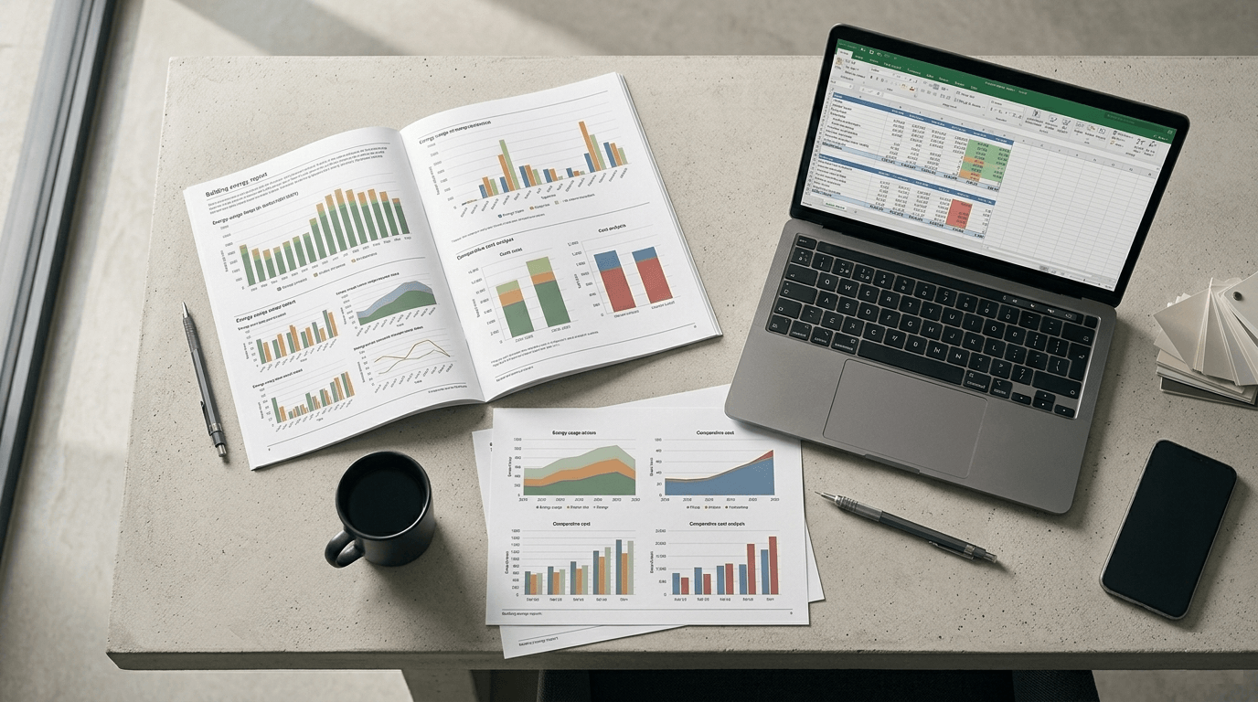 Energy strategy documents and financial analysis on desk