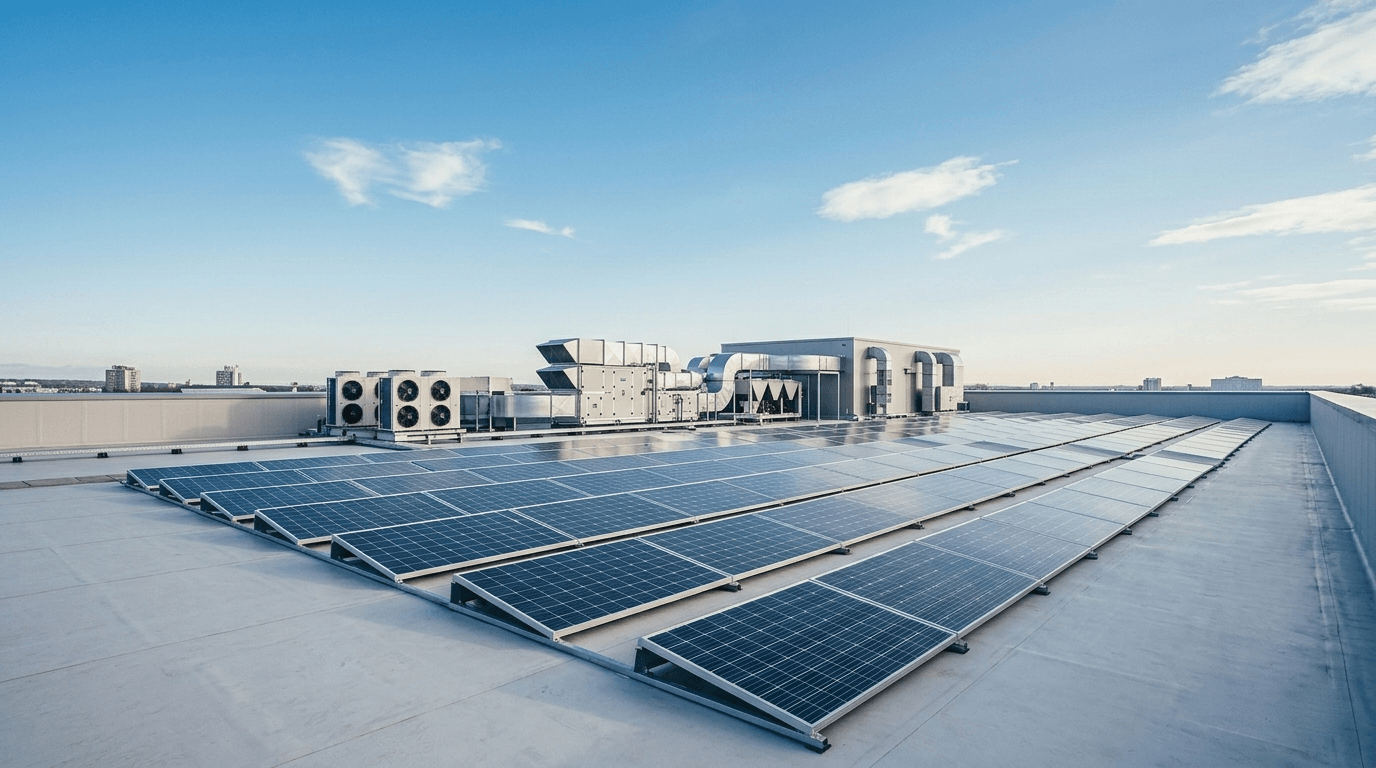 Solar PV panels and HVAC equipment on a commercial building rooftop