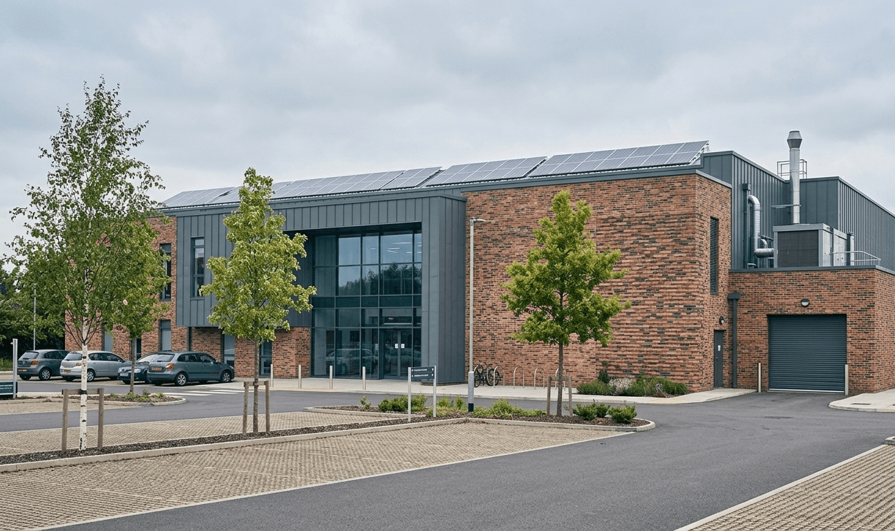 UK leisure centre exterior with solar panels on roof